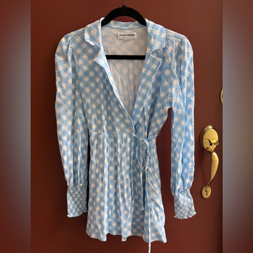 Charlie Holiday Blue and White Gingham Wrap Blouse